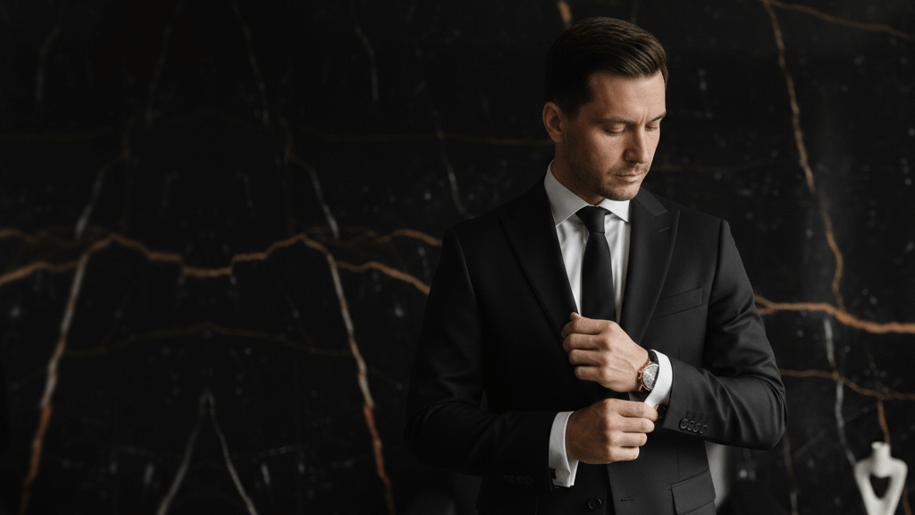 Man adjusting his suit against a dark textured wall