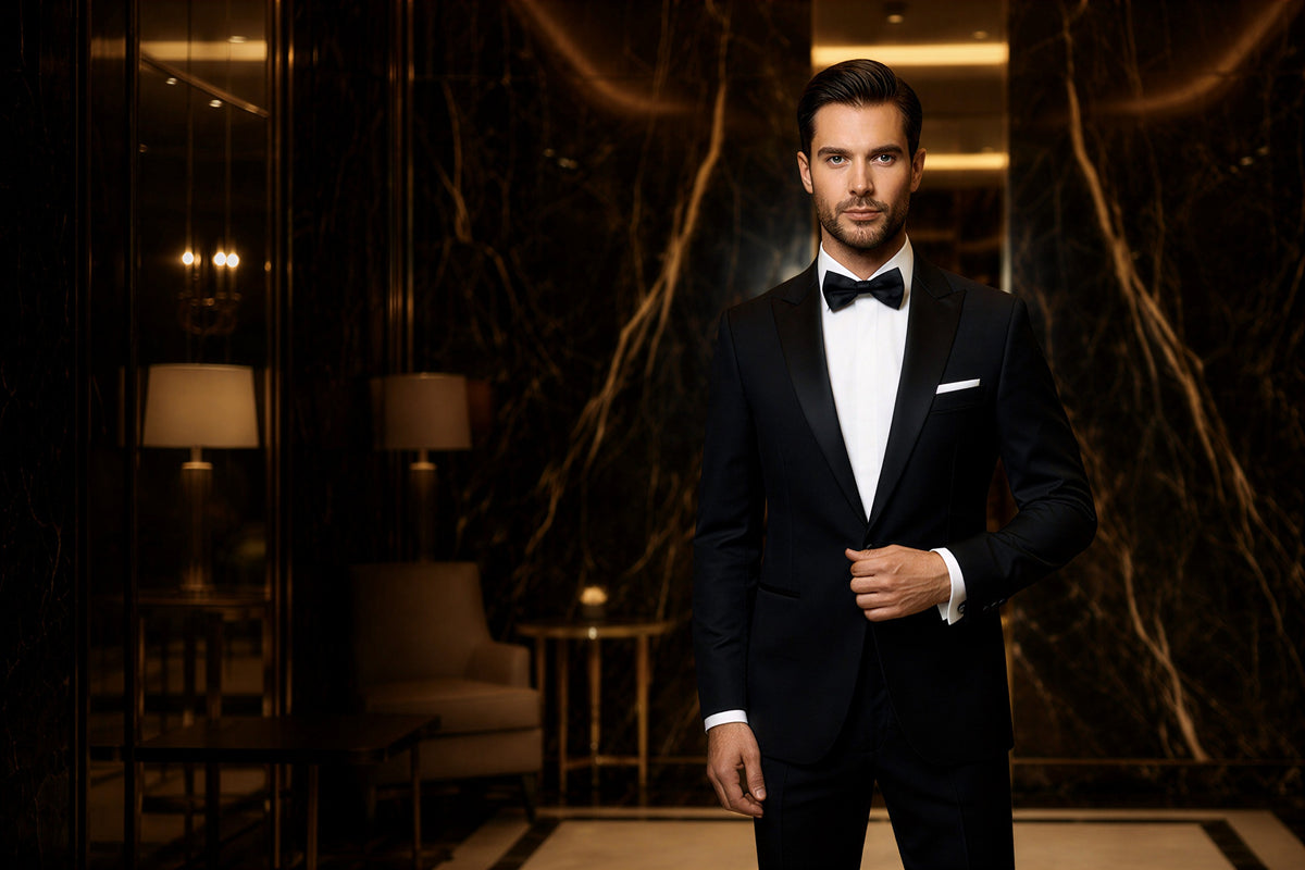Man in a black tuxedo standing in an elegant room with marble walls.