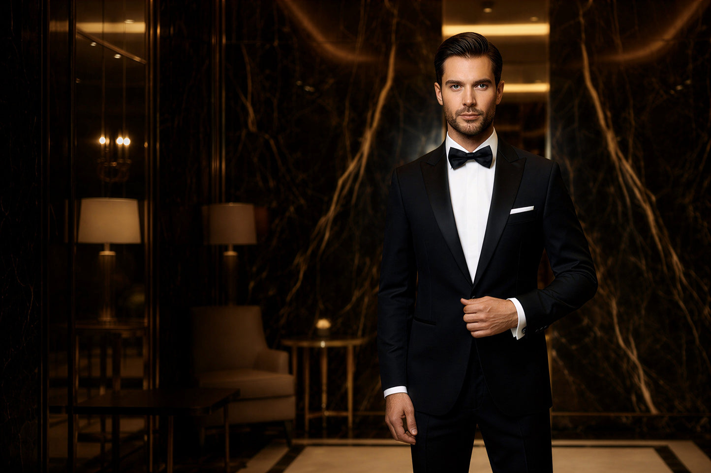 Man in a black tuxedo standing in an elegant room with marble walls.