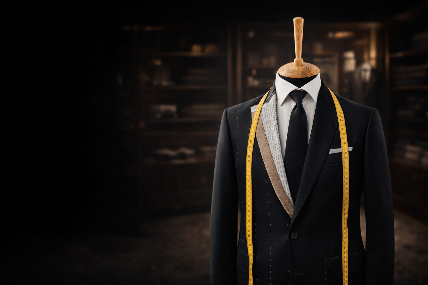 Black suit on a mannequin with a measuring tape, set against a dark background.
