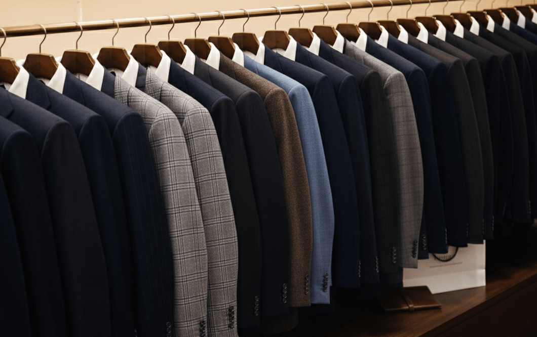 Row of suits hanging on a rack in a store